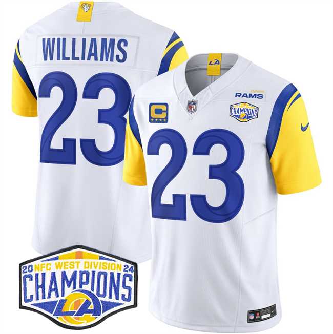 Mens Los Angeles Rams #23 Kyren Williams White 2024 NFC West Champions With 4-Star C Patch F.U.S.E. Vapor Untouchable Stitched Jersey